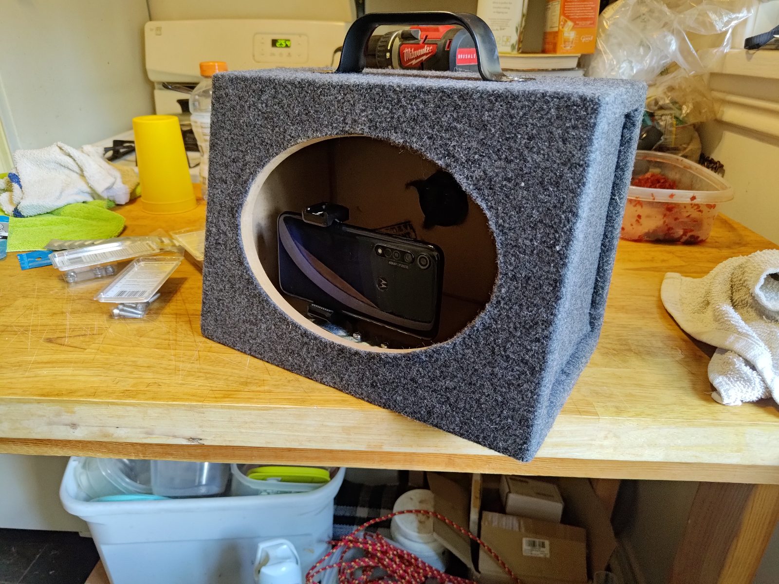 Single subwoofer enclosure box, carpet-wrapped